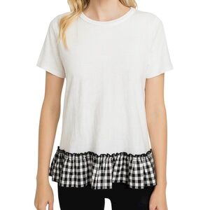 New After Market Gingham Plaid Ruffle Hem Short Sleeve T-Shirt Black White
